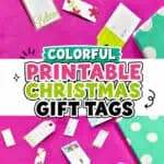 Colorful printable Christmas gift tags with festive designs on a pink background.