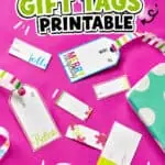 Colorful printable Christmas gift tags with festive designs on a pink background.