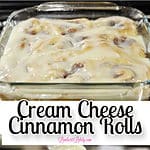 Cream cheese cinnamon rolls with gooey frosting and melted cheese topping.
