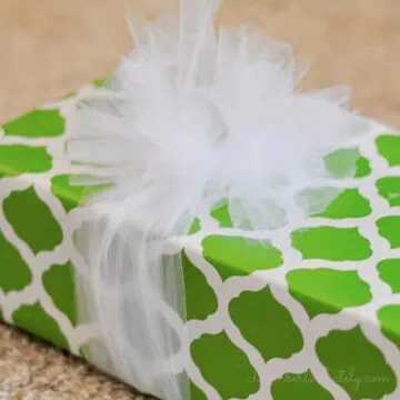 tied tulle bow on a wrapped gift.