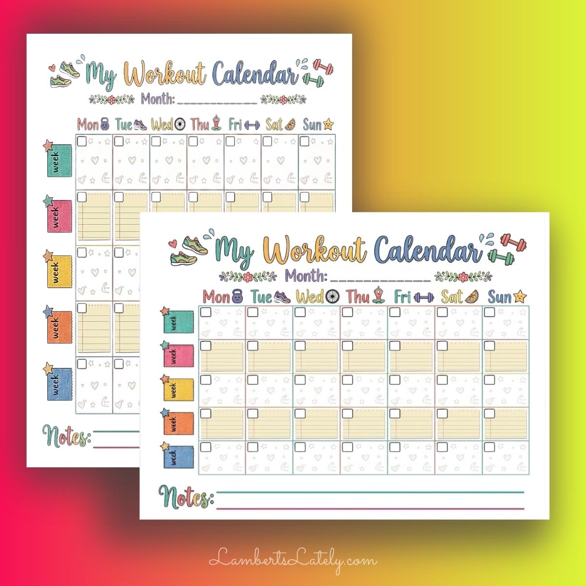 Colorful printable workout calendars for monthly fitness tracking in portrait and landscape layouts.