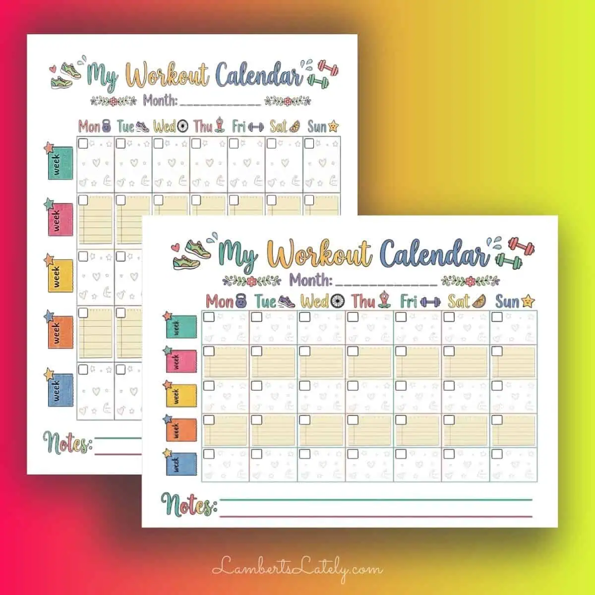 Colorful printable workout calendars for monthly fitness tracking in portrait and landscape layouts.