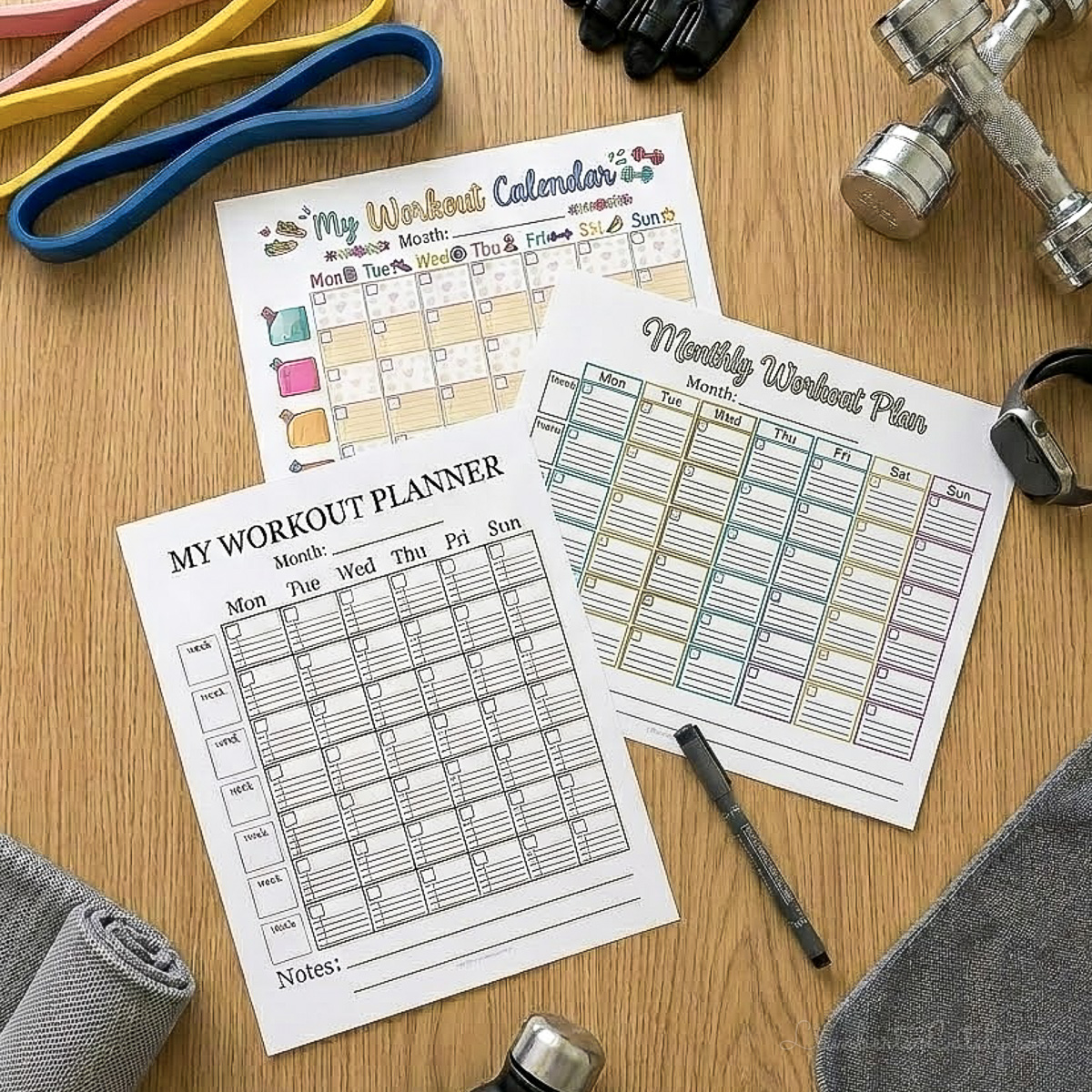 3 different printable workout calendars surrounded by exercise gear.