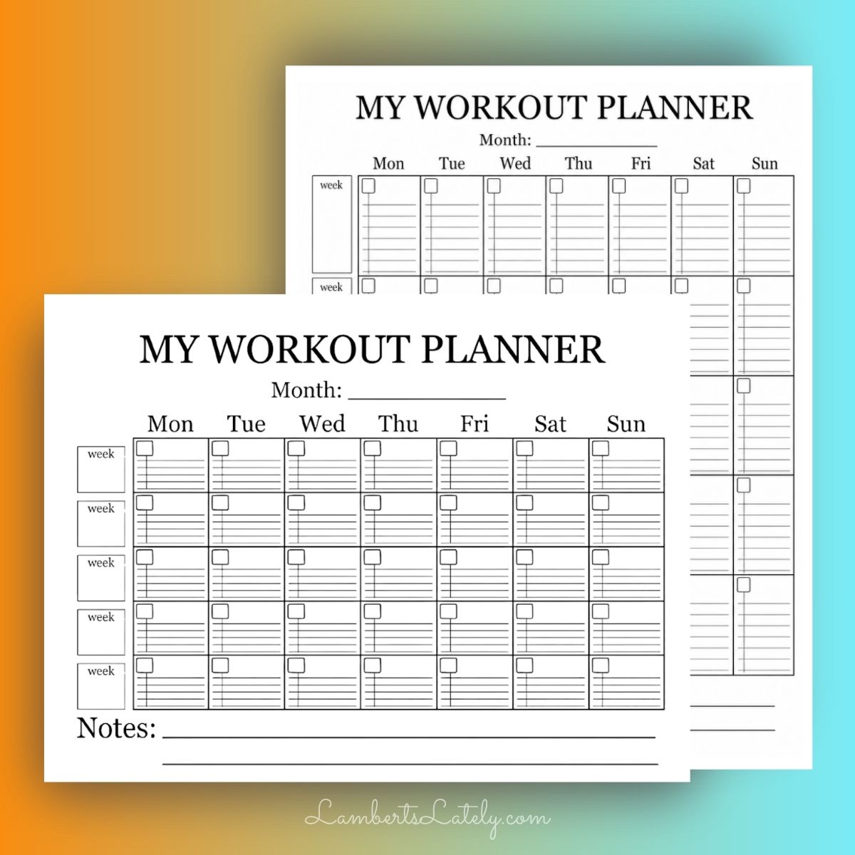 a simple black and white monthly workout planner in both portrait and landscape formatting.