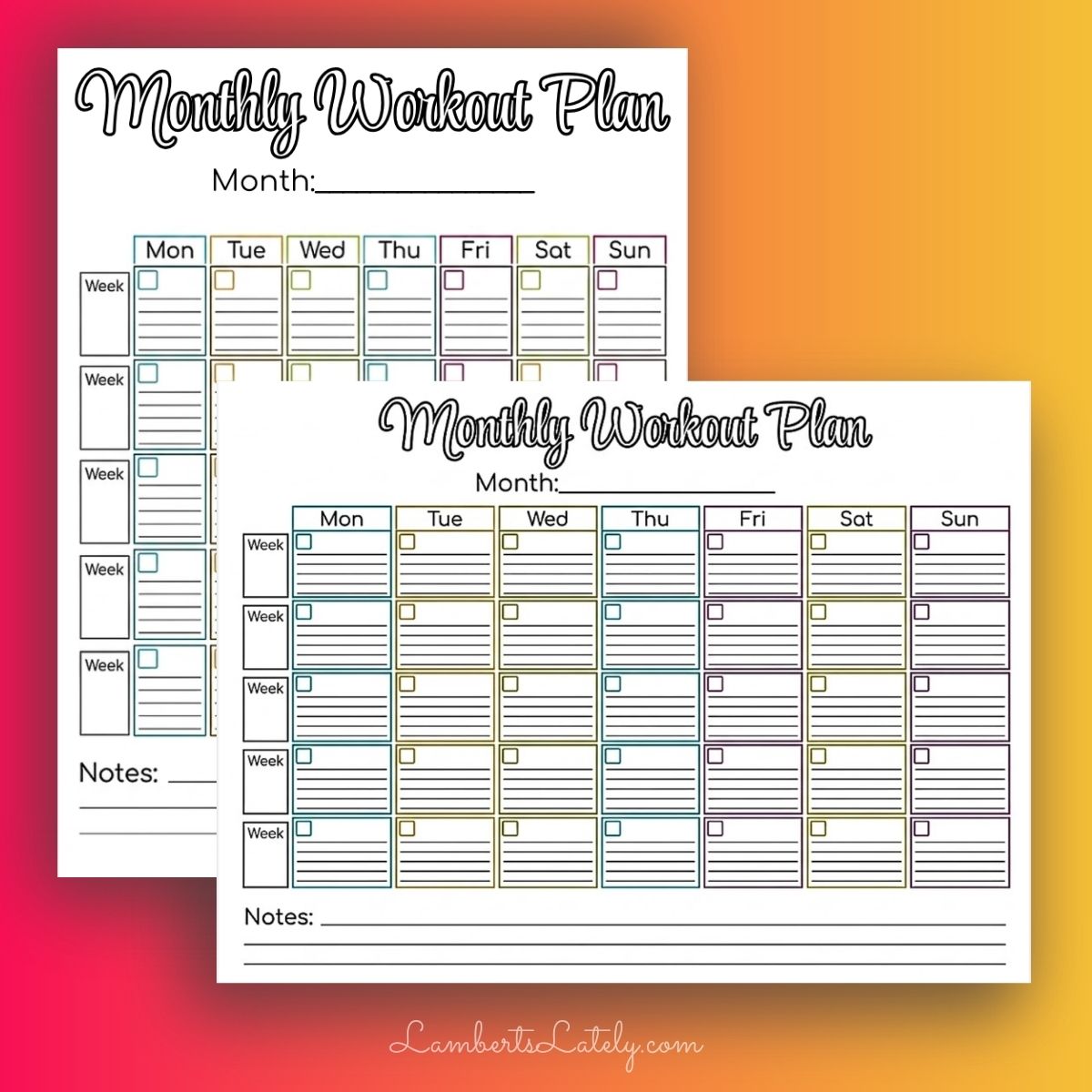 a monthly workout plan with script font at the top and colorful grid, portrait and landscape formats for 8.5x11 paper.