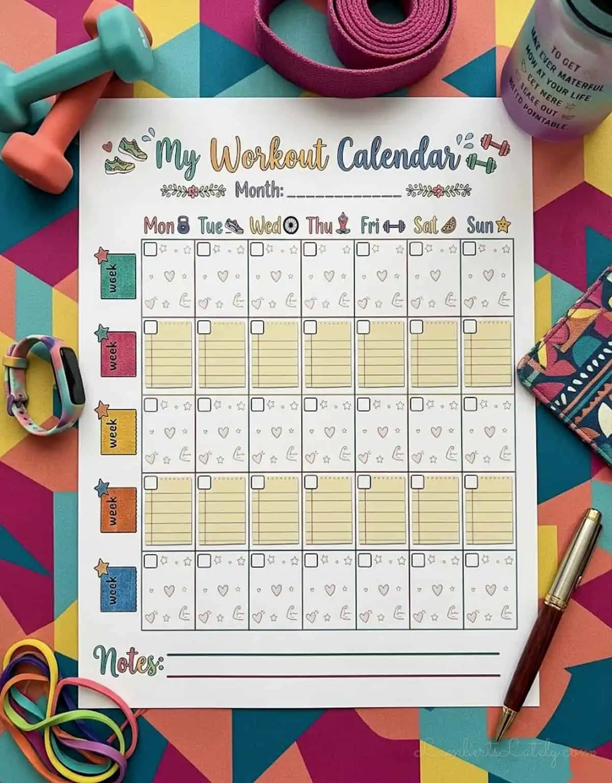 colorful workout calendar on a colorful desk, surrounded by colorful workout gear.