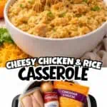Creamy cheesy chicken and rice casserole in a white bowl with melted cheese.