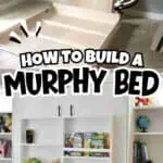DIY Murphy bed with desk and IKEA bookcases in a modern bedroom setup.