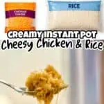 Ingredients for Cheesy Chicken and Rice in Instant Pot, including chicken, cheese, rice, cream of ch.