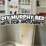 DIY Murphy bed with desk and IKEA bookcases in a modern bedroom setting.