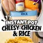Ingredients for Cheesy Chicken and Rice in a bowl with cheese, chicken, rice, and onions.