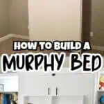 White Murphy bed with desk and IKEA bookcases in a cozy room.