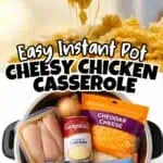 Ingredients for Cheesy Chicken and Rice in Instant Pot, including chicken, cheese, rice, and broth.