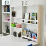 DIY Murphy bed with desk and IKEA bookcases in a modern home office.
