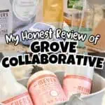 Grove Collaborative cleaning products and supplies in a basket with review text overlay.