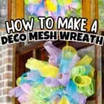 Colorful deco mesh wreaths with pastel ribbons for home decor.