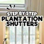 Close-up of a drill installing plantation shutters on a window with text overlay.