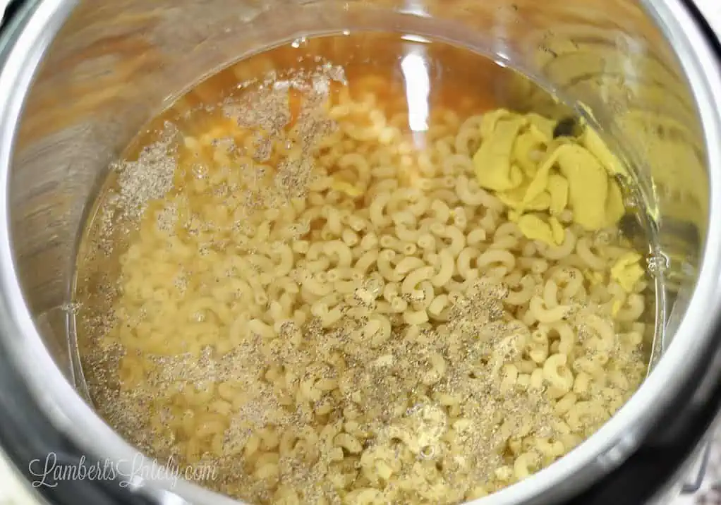 macaroni noodles, water, hot sauce, mustard, salt, and pepper in an instant pot.