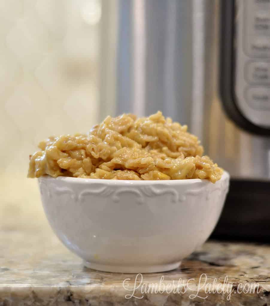 bowl of cheesy chicken & rice in front of an instant pot.