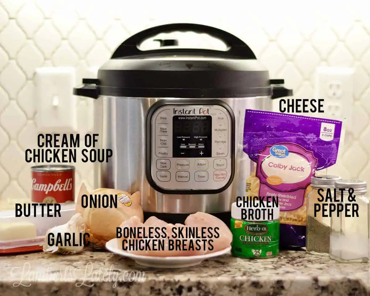 ingredients for cheesy chicken and rice in front of an instant pot.