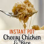 instant pot cheesy chicken and rice bite on a fork.