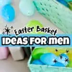 Colorful plastic Easter eggs in a light blue basket for men's Easter gift ideas.