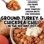 Close-up of a bowl of ground turkey and chickpea chili with toppings, recipe details above.