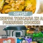 Close-up of Zuppa Toscana in a pressure cooker with ingredients around it.