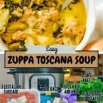 Close-up of Zuppa Toscana soup with kale, potatoes, and sausage in a white bowl.