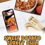 Sweet potato turkey chili served in a bowl with a dollop of sour cream.