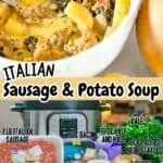 Italian sausage and potato soup in a white bowl with ingredients around it.