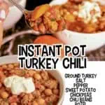 Close-up of a spoonful of turkey chili with beans and vegetables in a bowl.