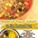Close-up of ranch taco soup in a bowl with ingredients and recipe details.