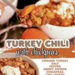 Hearty turkey chili with chickpeas and vegetables in a white bowl, ready to serve.