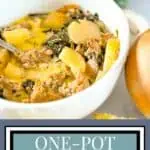 Creamy Instant Pot Zuppa Toscana with potatoes and sausage in a white bowl.