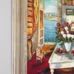 Colorful painting of a room with a view, framed with decorative molding.