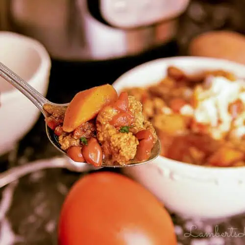 holding a spoonful of turkey chili in front of a bowl of soup and an instant pot.