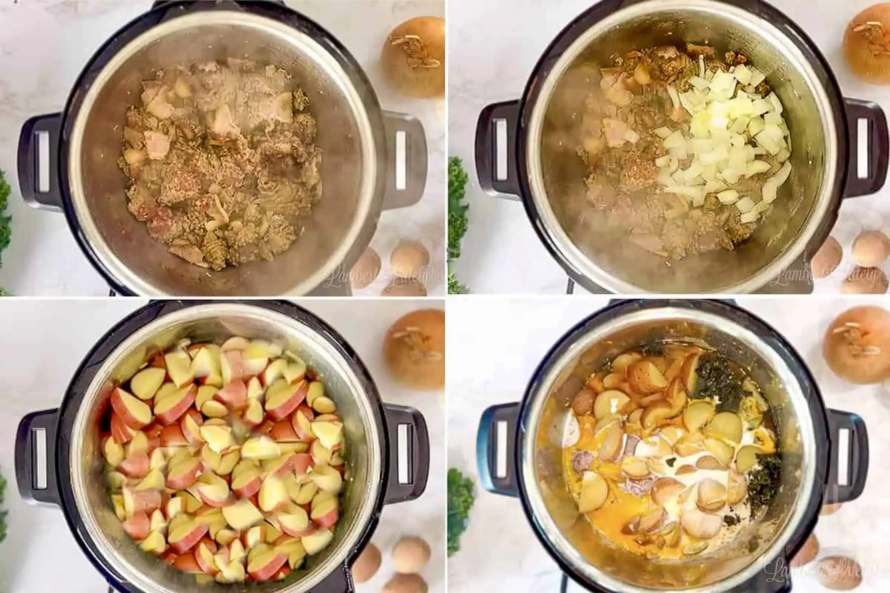 Step by step photos showing how to brown sausage, sauté onions, and pressure cook Zuppa Toscana in an Instant Pot.