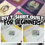 Colorful DIY T-shirt quilt with various fabric squares and sewing tools for beginners.