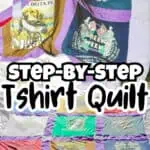Colorful T-shirt quilt with various printed shirts for beginners' sewing project.