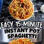 Delicious instant pot spaghetti with meat sauce in a white bowl on a black marble surface.