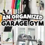Organized garage gym with workout equipment and storage solutions for home fitness.