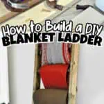 DIY blanket ladder with colorful blankets and tools for building.