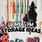 Organized home gym storage with resistance bands, backpacks, and athletic shoes on pegboard.