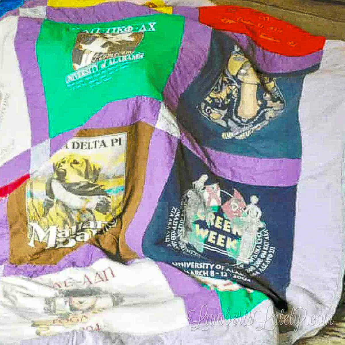 close up of t-shirt quilt draped on a table.