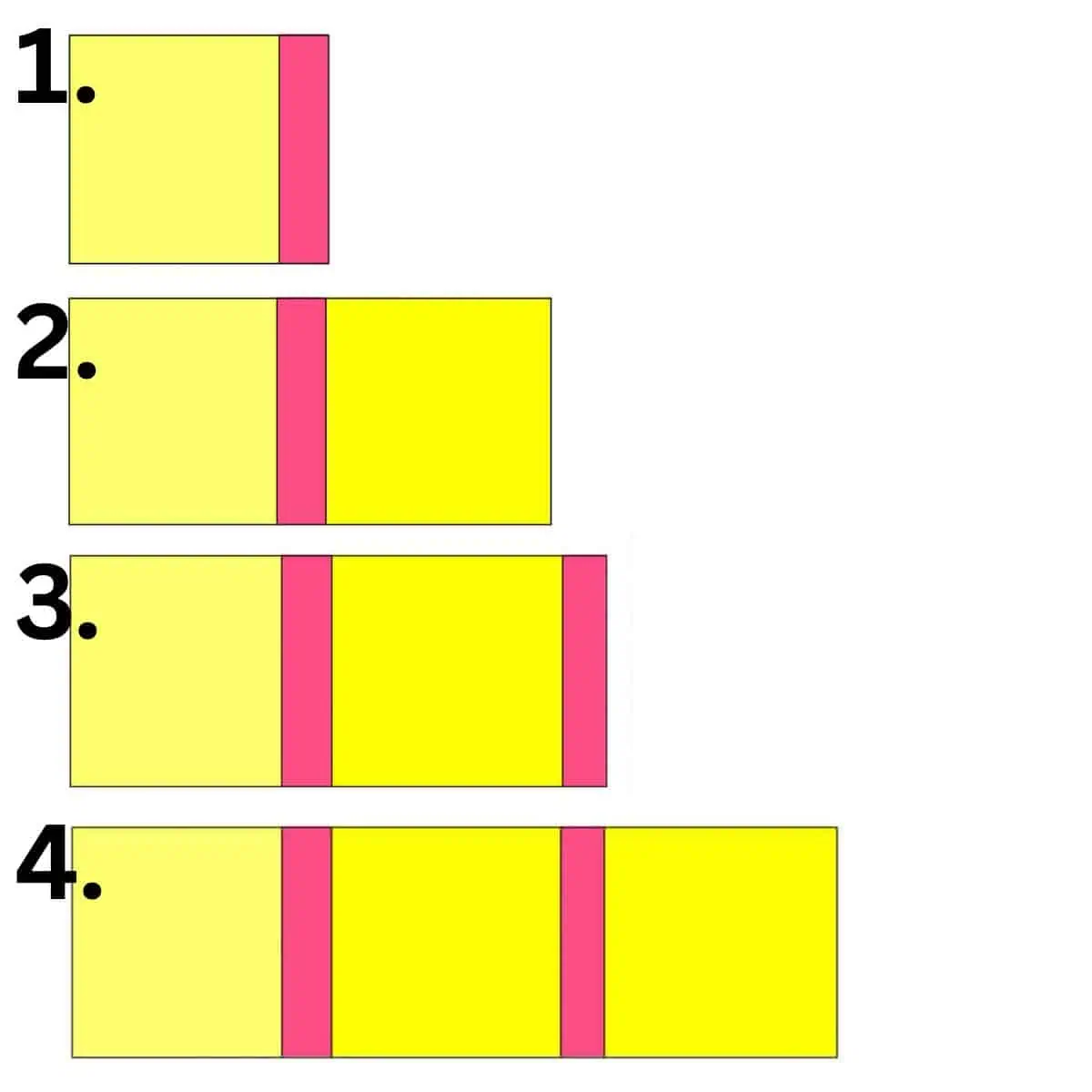 Add one sashing strip and T-shirt block at a time until the row contains three shirt blocks.