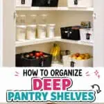 Organized small pantry with black and white storage baskets and labeled jars.