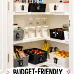 Small pantry organized with black and white storage baskets and labeled jars.