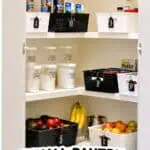Organized small pantry with baskets of canned goods, fruits, and grains for efficient storage.