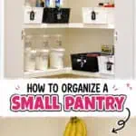 Organized small pantry with baskets, bananas, and canned goods for efficient storage.